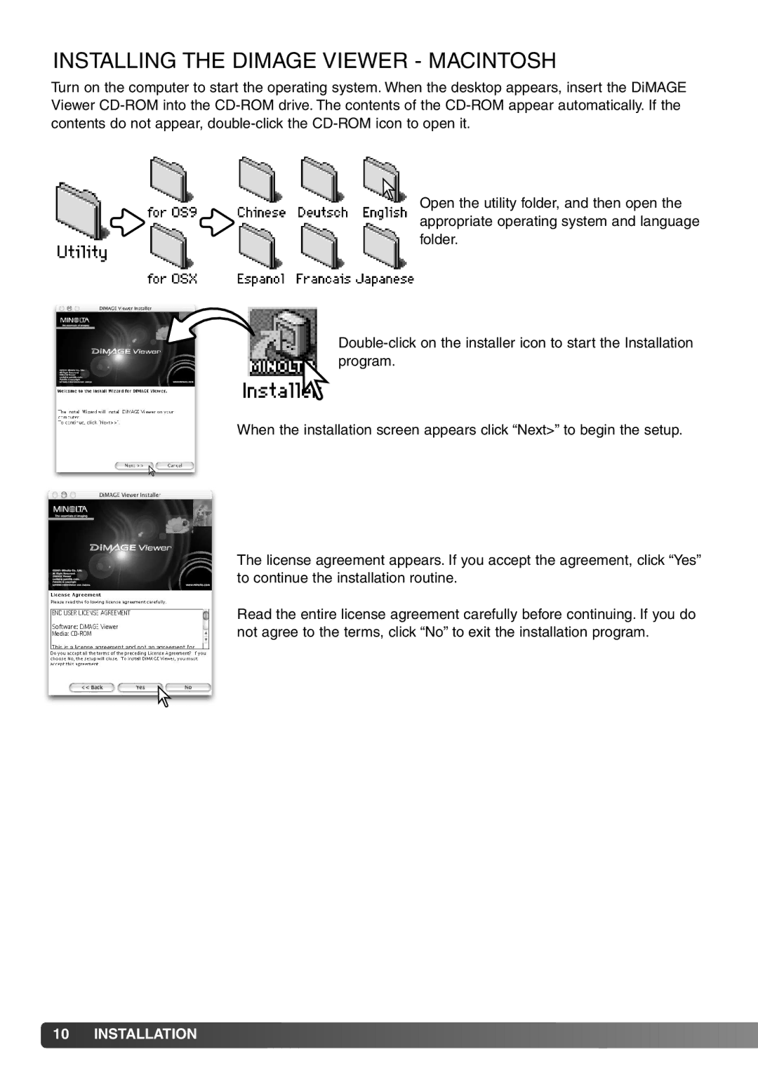 Minolta DiMAGE Viewer instruction manual Installing the Dimage Viewer Macintosh 