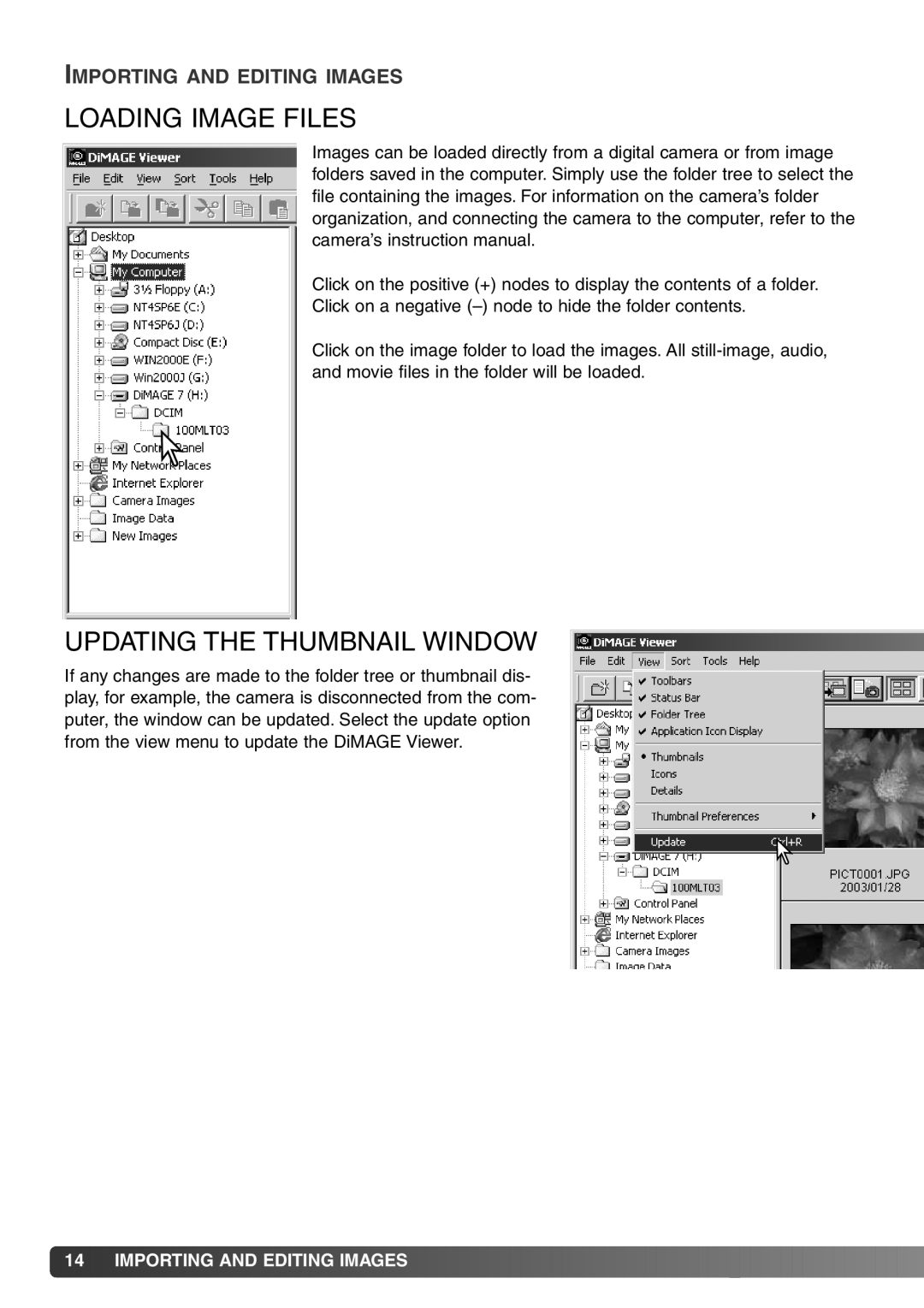 Minolta DiMAGE Viewer instruction manual Loading Image Files, Updating the Thumbnail Window 