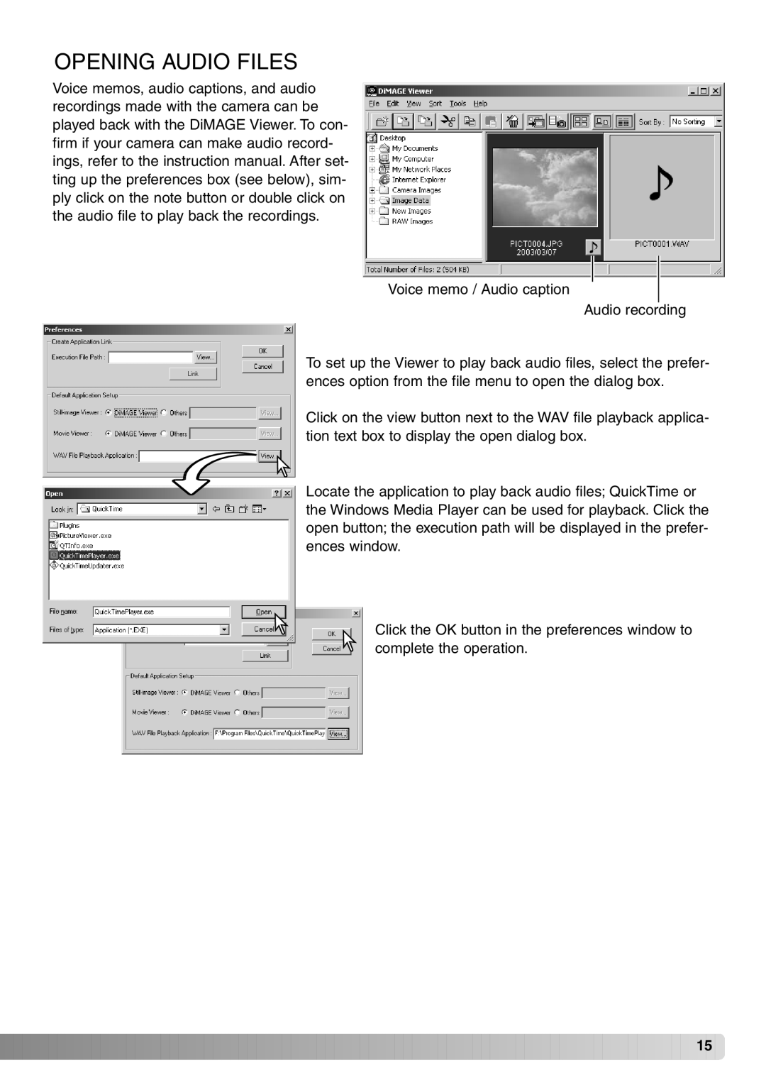 Minolta DiMAGE Viewer instruction manual Opening Audio Files, Voice memo / Audio caption Audio recording 