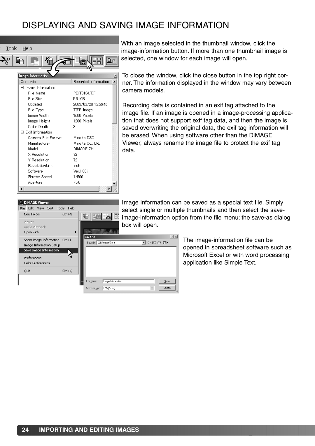 Minolta DiMAGE Viewer instruction manual Displaying and Saving Image Information 