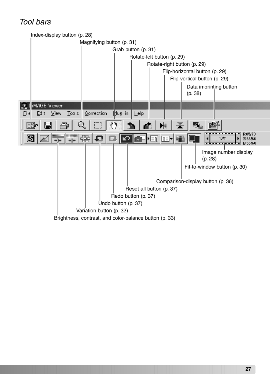 Minolta DiMAGE Viewer instruction manual Tool bars 