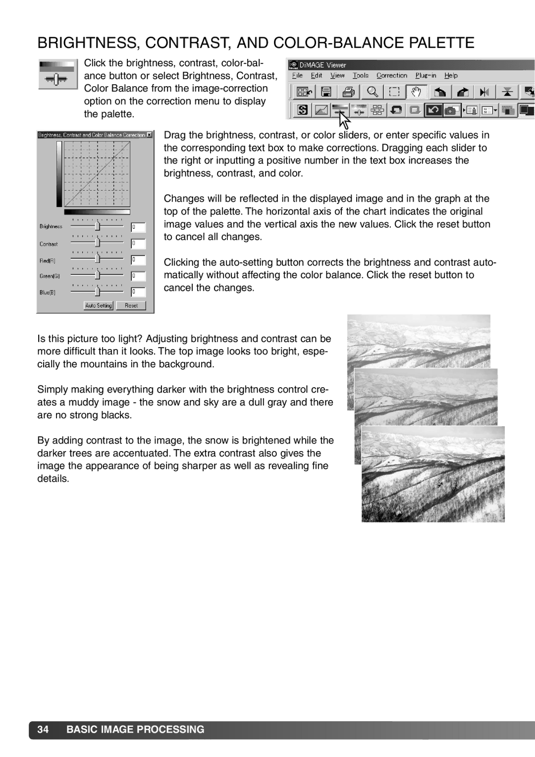 Minolta DiMAGE Viewer instruction manual BRIGHTNESS, CONTRAST, and COLOR-BALANCE Palette 