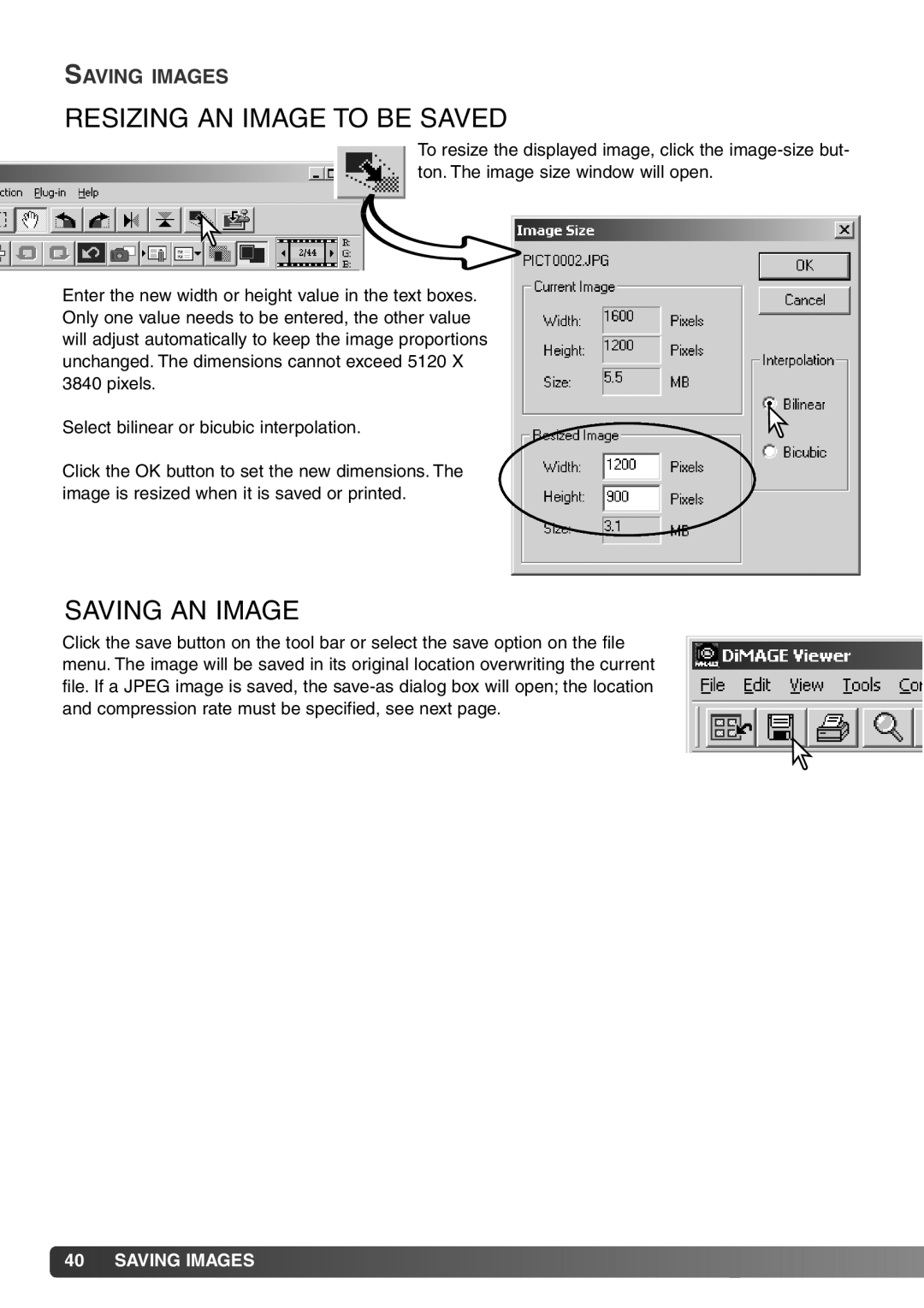 Minolta DiMAGE Viewer instruction manual Resizing AN Image to be Saved, Saving AN Image 