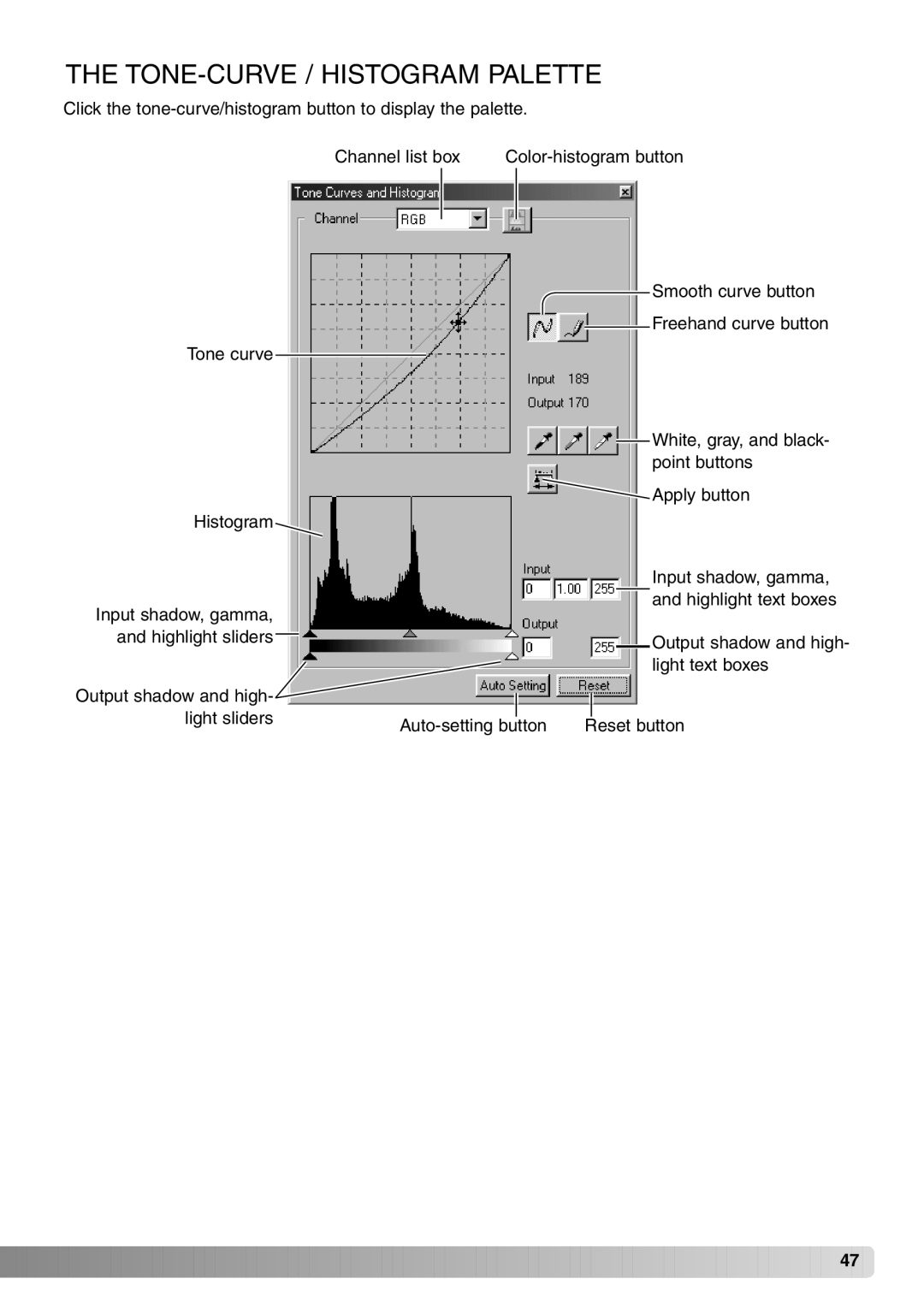 Minolta DiMAGE Viewer instruction manual TONE-CURVE / Histogram Palette 