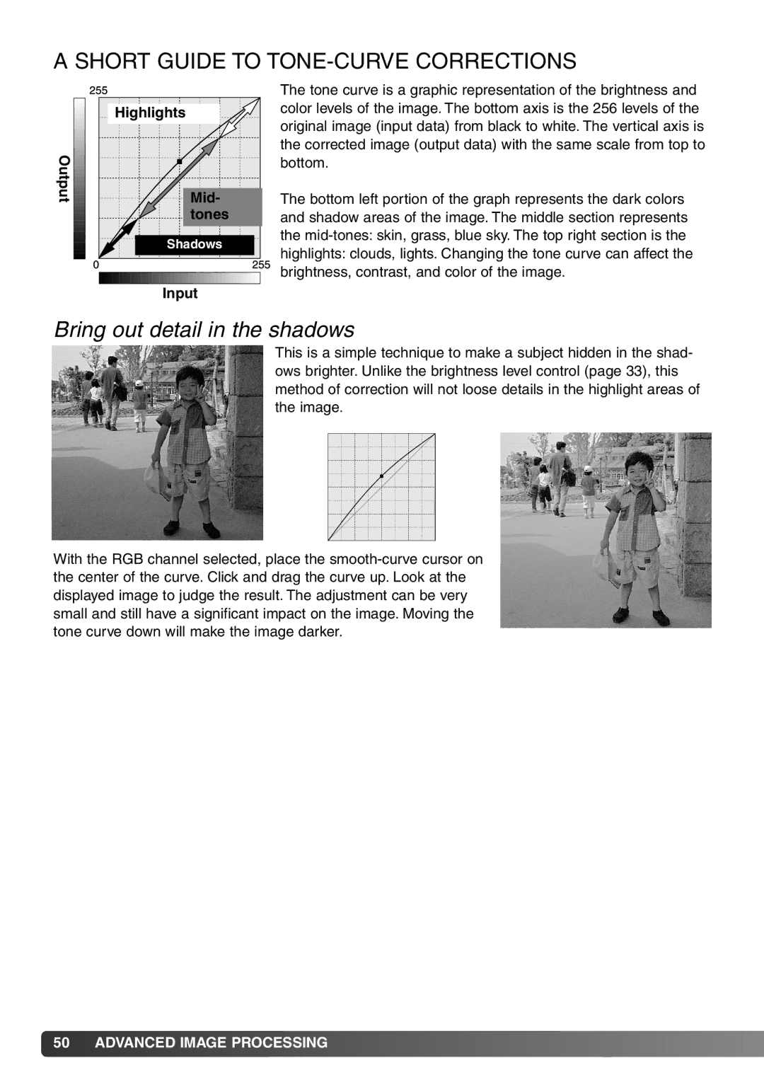 Minolta DiMAGE Viewer instruction manual Short Guide to TONE-CURVE Corrections, Bring out detail in the shadows 