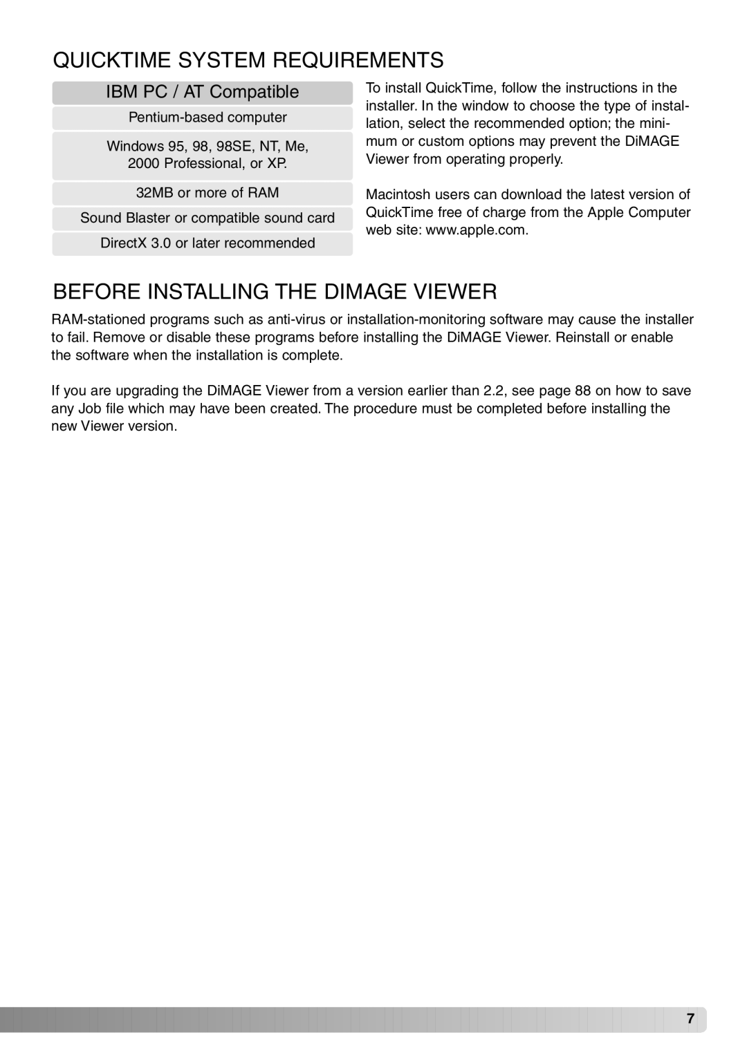 Minolta DiMAGE Viewer instruction manual Quicktime System Requirements, Before Installing the Dimage Viewer 