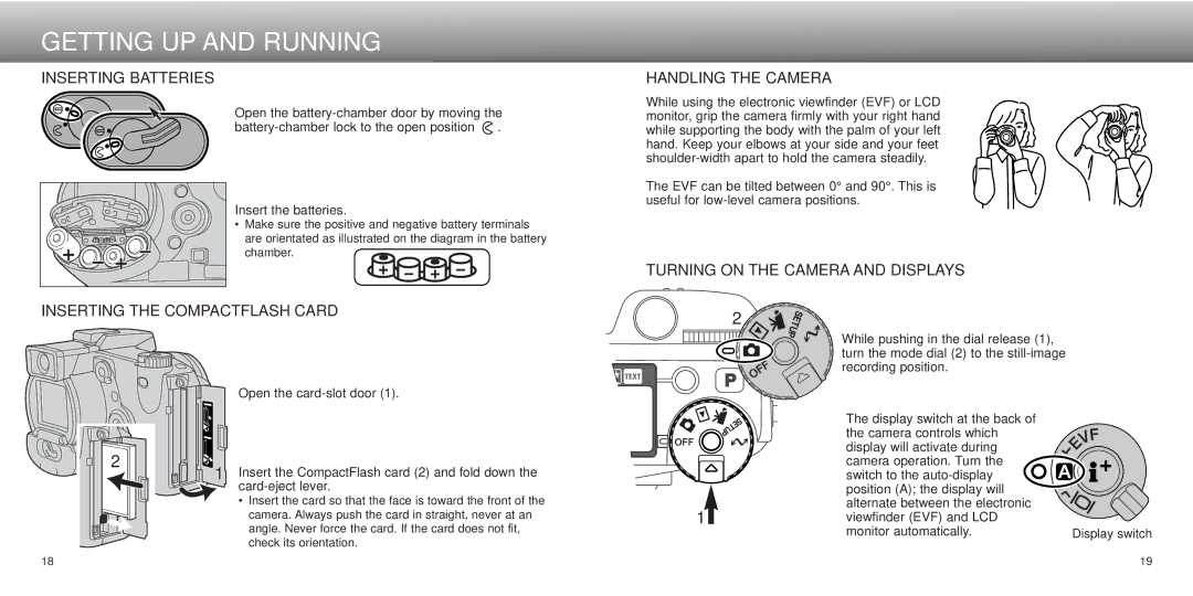 Minolta dimage7, Dimage 5 instruction manual Inserting Batteries, Inserting the Compactflash Card, Handling the Camera 