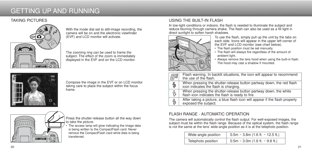 Minolta Dimage 5, dimage7 instruction manual Taking Pictures, Using the BUILT-IN Flash, Flash Range Automatic Operation 