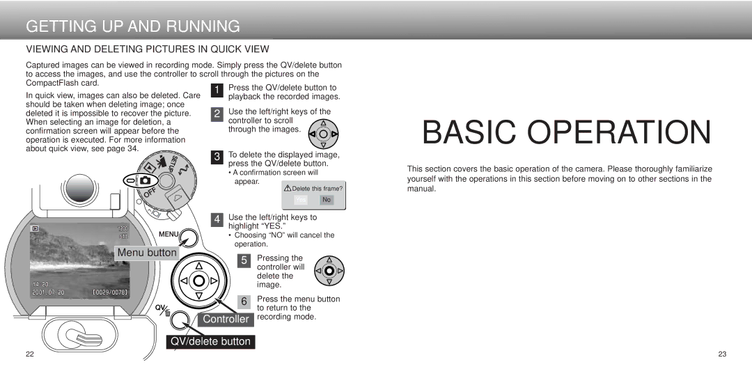 Minolta dimage7, Dimage 5 instruction manual Basic Operation, Viewing and Deleting Pictures in Quick View 