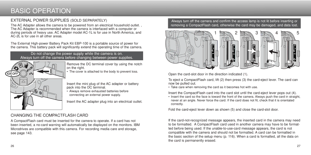 Minolta dimage7, Dimage 5 instruction manual External Power Supplies Sold Separately, Changing the Compactflash Card 