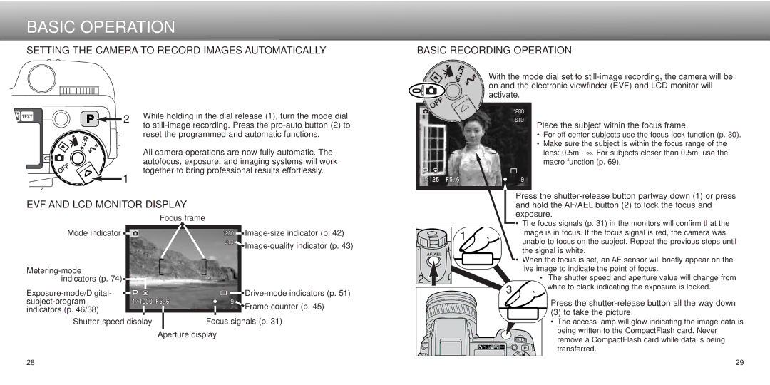 Minolta Dimage 5, dimage7 instruction manual Setting the Camera to Record Images Automatically, Basic Recording Operation 