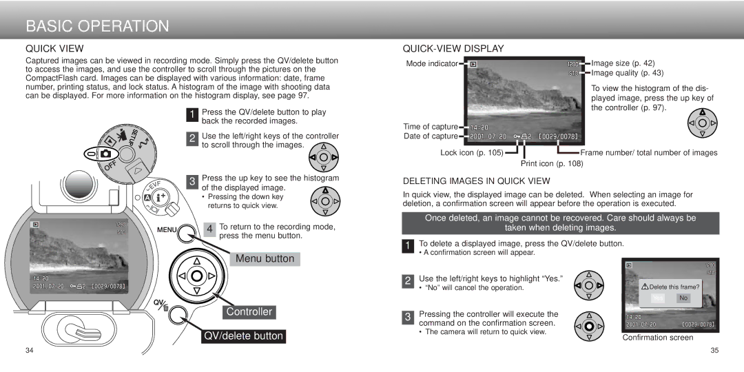 Minolta dimage7, Dimage 5 instruction manual QUICK-VIEW Display, Deleting Images in Quick View 