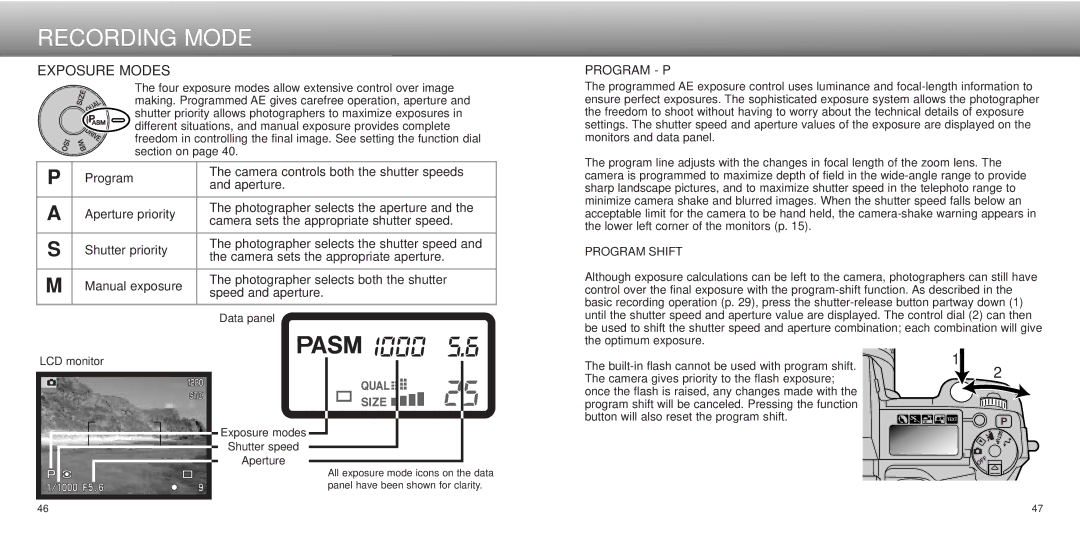 Minolta dimage7, Dimage 5 instruction manual Exposure Modes, Program P 