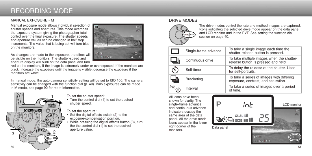 Minolta dimage7, Dimage 5 instruction manual Drive Modes, Manual Exposure M 