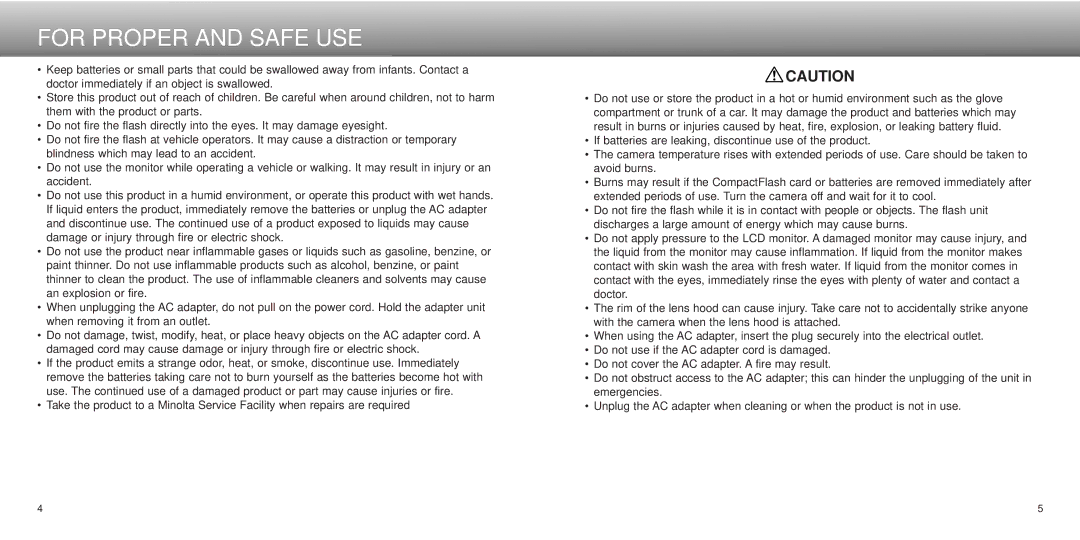 Minolta Dimage 5, dimage7 instruction manual For Proper and Safe USE 