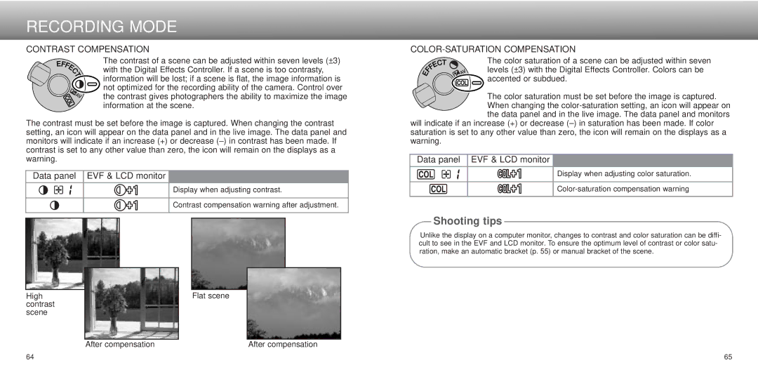 Minolta Dimage 5, dimage7 Contrast Compensation, Data panel EVF & LCD monitor, COLOR-SATURATION Compensation 