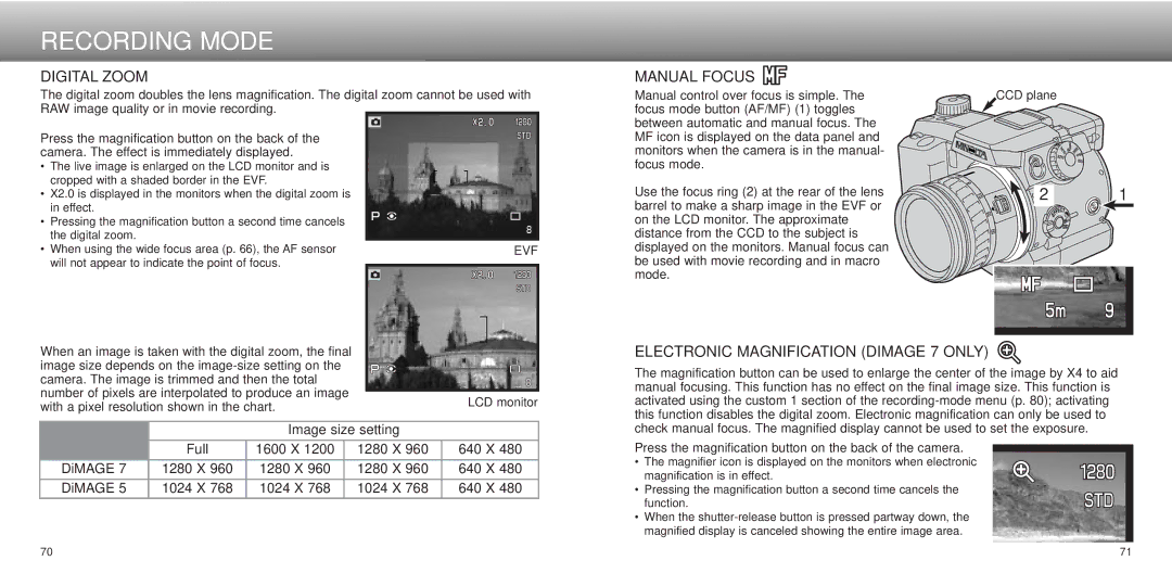 Minolta dimage7, Dimage 5 instruction manual Digital Zoom, Manual Focus, Electronic Magnification Dimage 7 only 