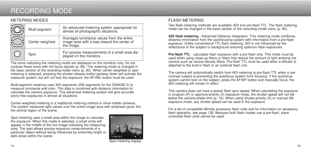 Minolta dimage7, Dimage 5 instruction manual Metering Modes, Flash Metering 