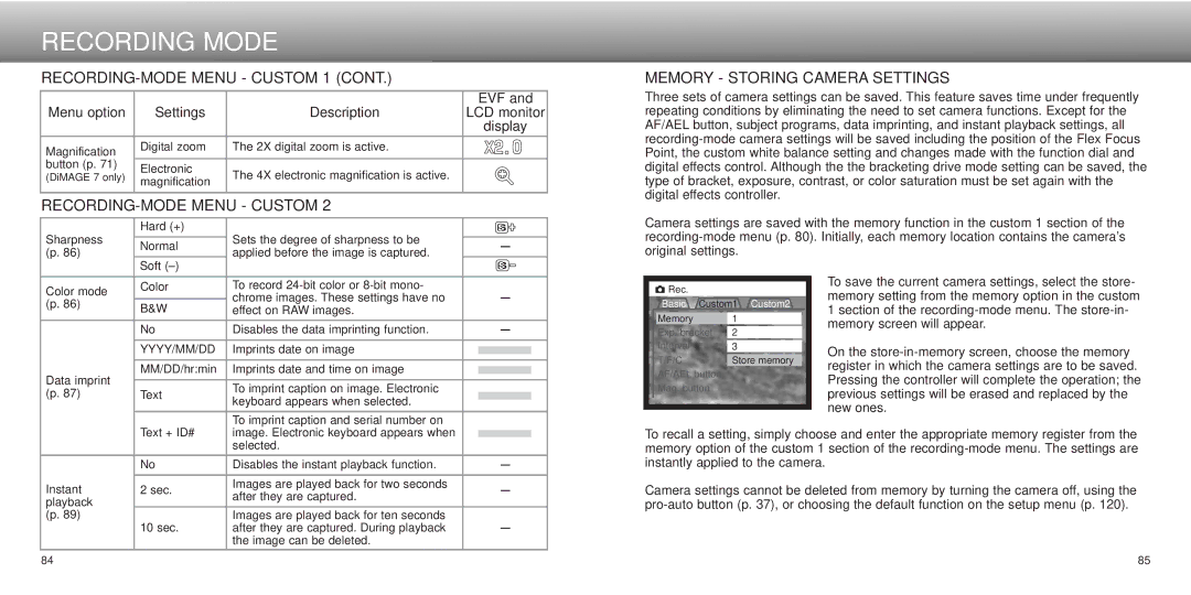 Minolta Dimage 5, dimage7 instruction manual RECORDING-MODE Menu Custom 1, Memory Storing Camera Settings 