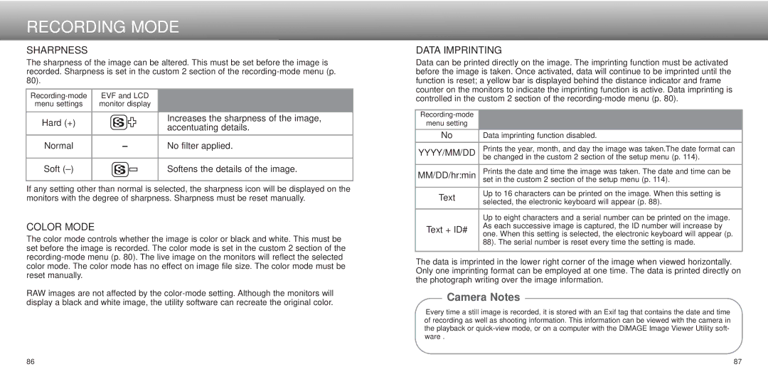 Minolta dimage7, Dimage 5 instruction manual Sharpness, Color Mode, Data Imprinting, Yyyy/Mm/Dd 