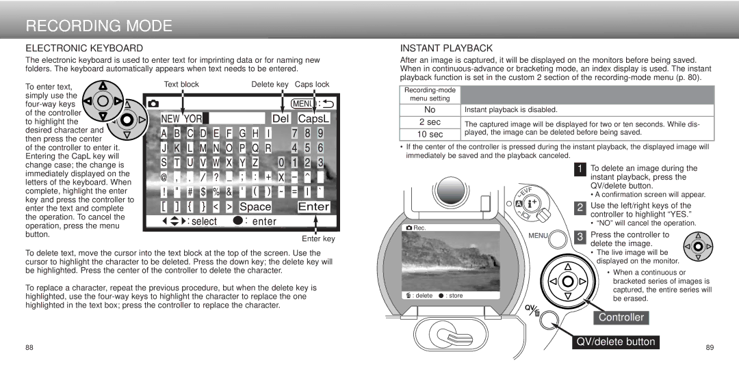 Minolta Dimage 5, dimage7 instruction manual Electronic Keyboard, Instant Playback, Sec, 10 sec 