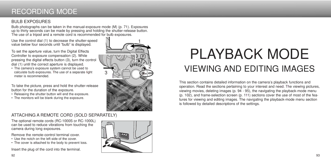 Minolta Dimage 5, dimage7 instruction manual Bulb Exposures, Attaching a Remote Cord Sold Separately 