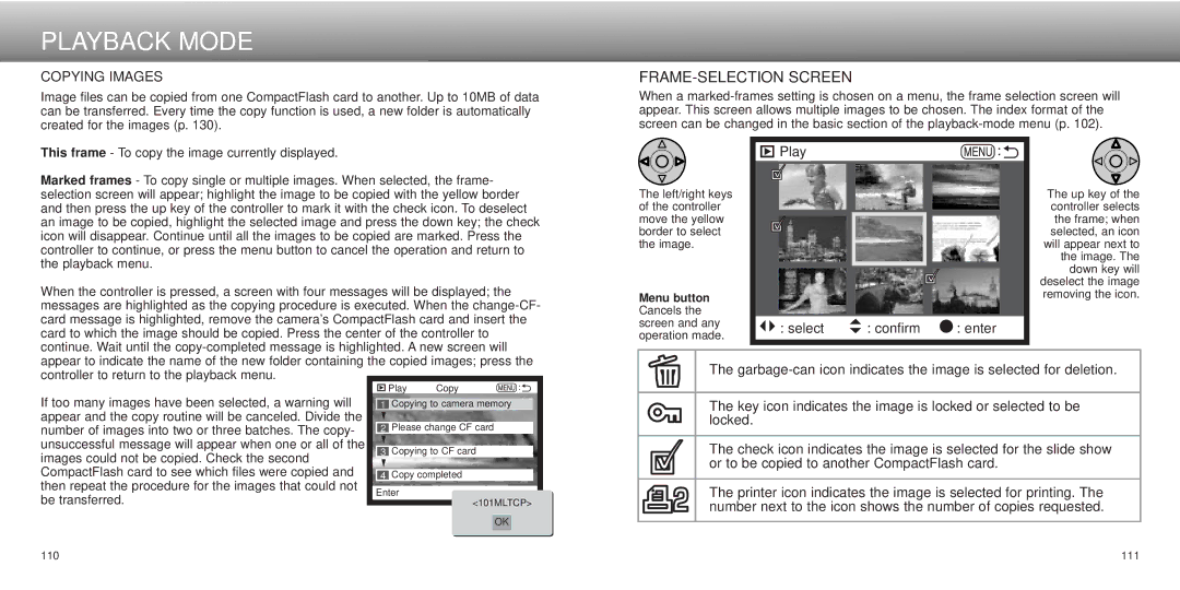 Minolta dimage7, Dimage 5 instruction manual FRAME-SELECTION Screen, Copying Images, Play Select Confirm Enter 