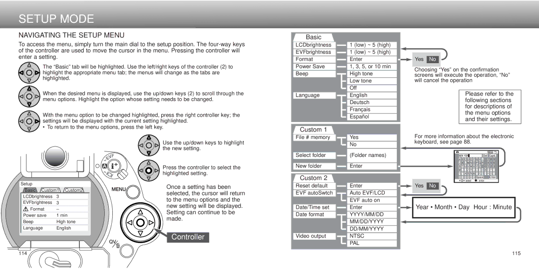 Minolta dimage7, Dimage 5 instruction manual Setup Mode, Navigating the Setup Menu, Year Month Day Hour Minute 