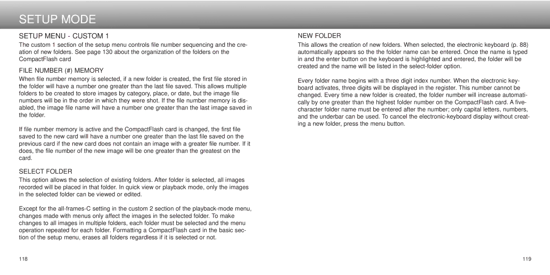 Minolta dimage7, Dimage 5 instruction manual Setup Menu Custom, File Number # Memory, Select Folder, NEW Folder 