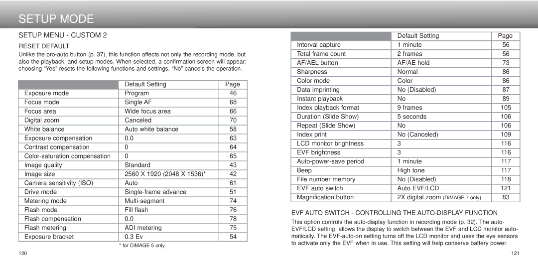 Minolta Dimage 5, dimage7 instruction manual Reset Default, EVF Auto Switch Controlling the AUTO-DISPLAY Function 