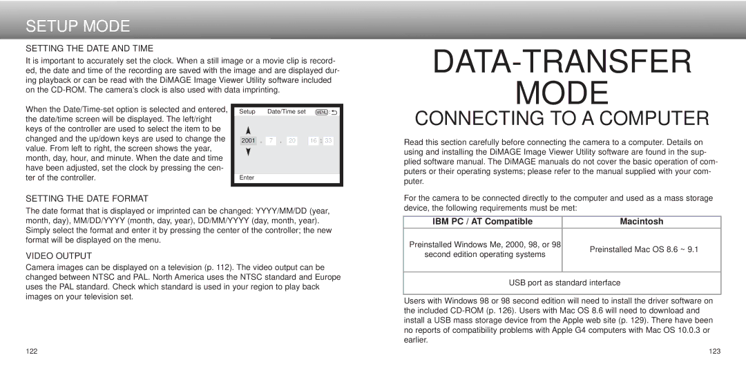 Minolta dimage7, Dimage 5 instruction manual Setting the Date and Time, Setting the Date Format, Video Output 