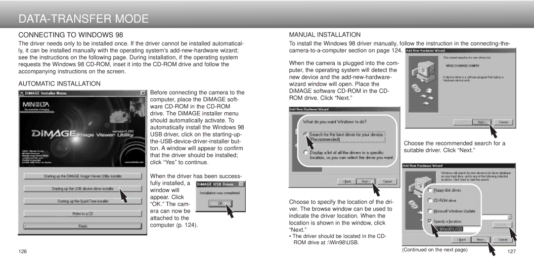 Minolta dimage7, Dimage 5 instruction manual Connecting to Windows, Automatic Installation, Manual Installation 