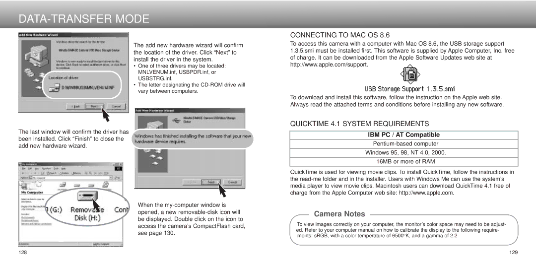 Minolta Dimage 5, dimage7 instruction manual Connecting to MAC OS, Quicktime 4.1 System Requirements 