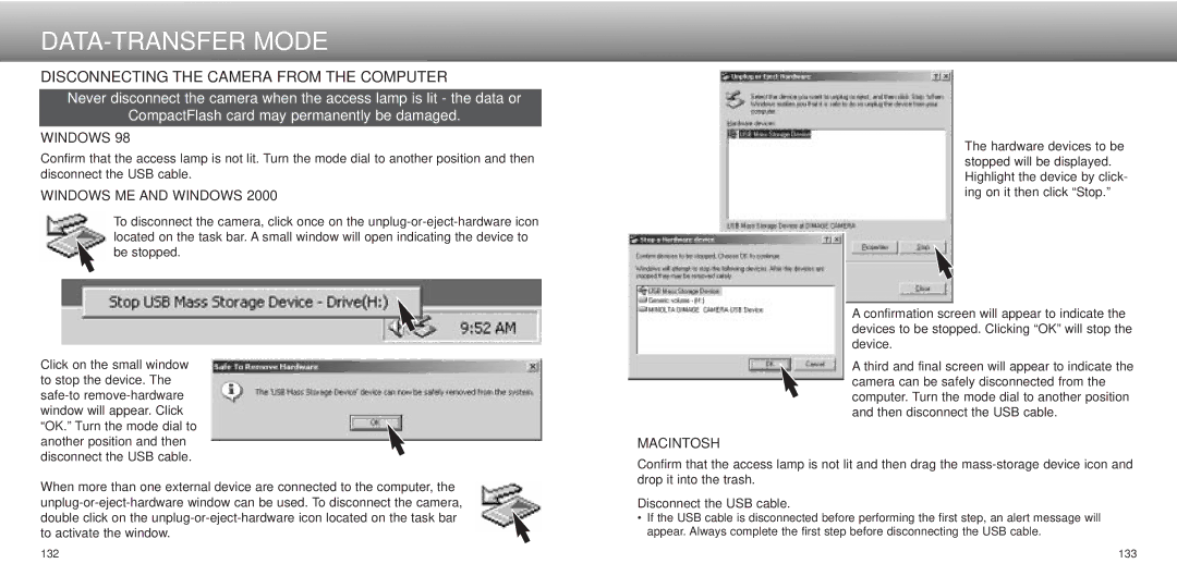 Minolta Dimage 5, dimage7 Disconnecting the Camera from the Computer, Windows ME and Windows, Macintosh 