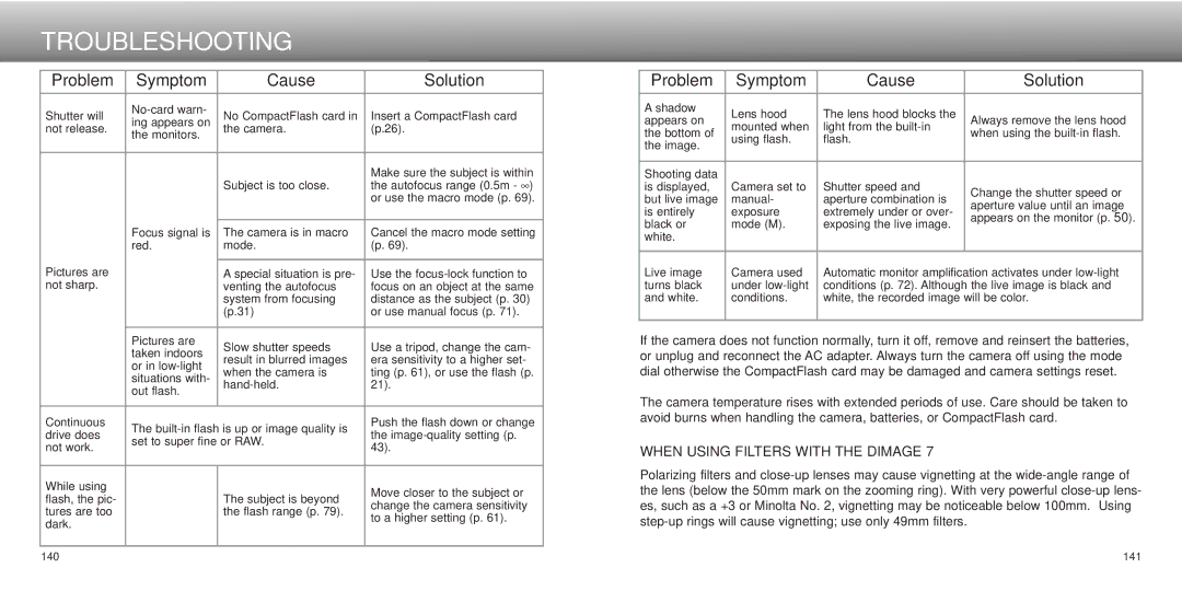 Minolta Dimage 5, dimage7 instruction manual When Using Filters with the Dimage 