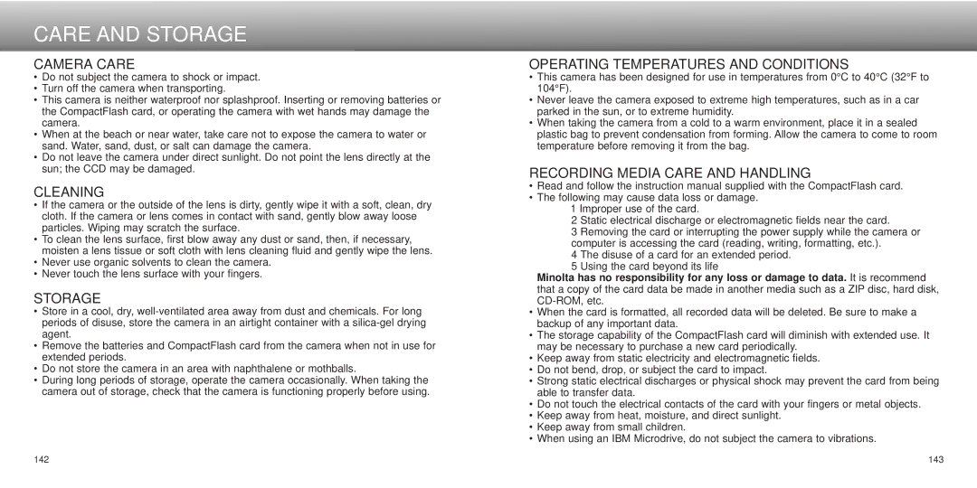 Minolta dimage7, Dimage 5 instruction manual Care and Storage, Camera Care 