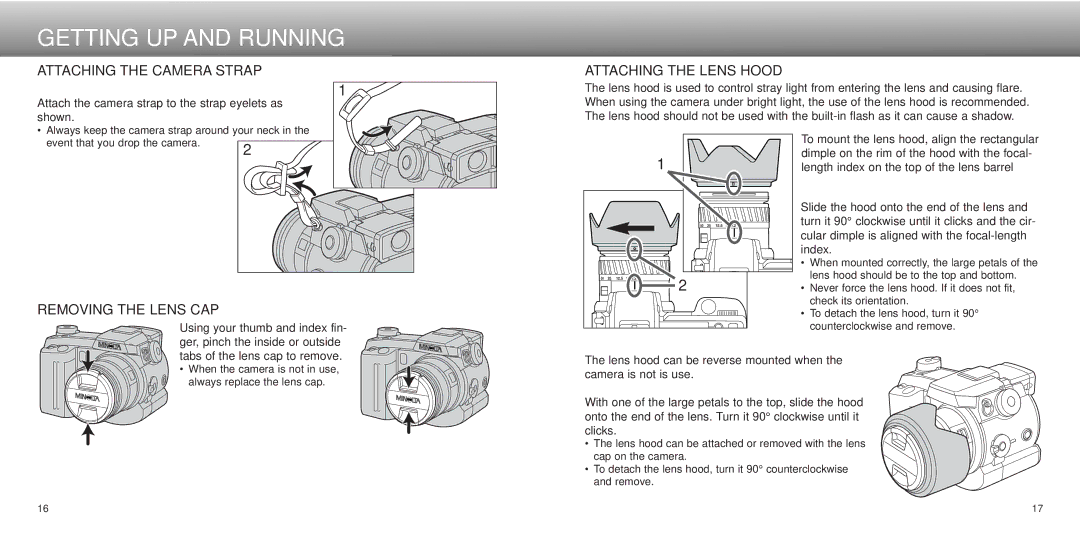 Minolta Dimage 5 Getting UP and Running, Attaching the Camera Strap, Attaching the Lens Hood, Removing the Lens CAP 