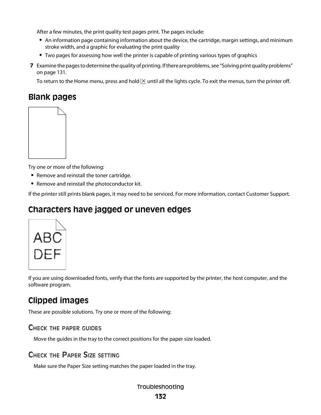 Minolta E260 manual Blank pages, Characters have jagged or uneven edges, Clipped images, 132 