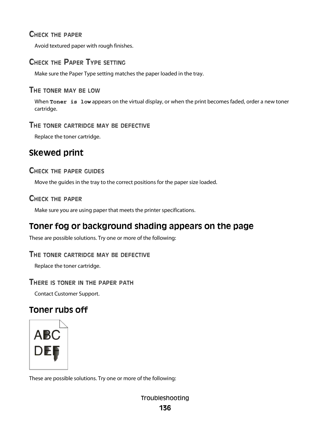 Minolta E260 manual Skewed print, Toner fog or background shading appears on, Toner rubs off, 136 