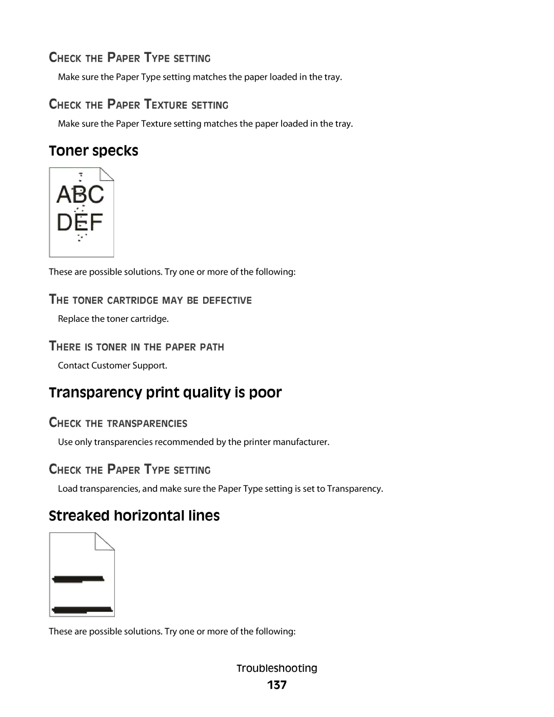 Minolta E260 manual Toner specks, Transparency print quality is poor, Streaked horizontal lines, 137 