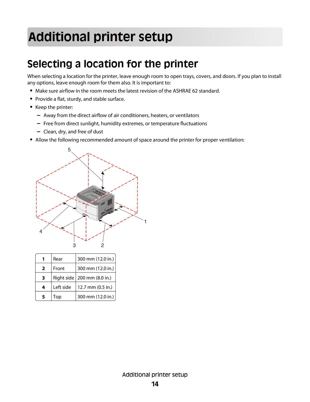 Minolta E260 manual Add itional p rinter se t up, Selecting a location for the printer 