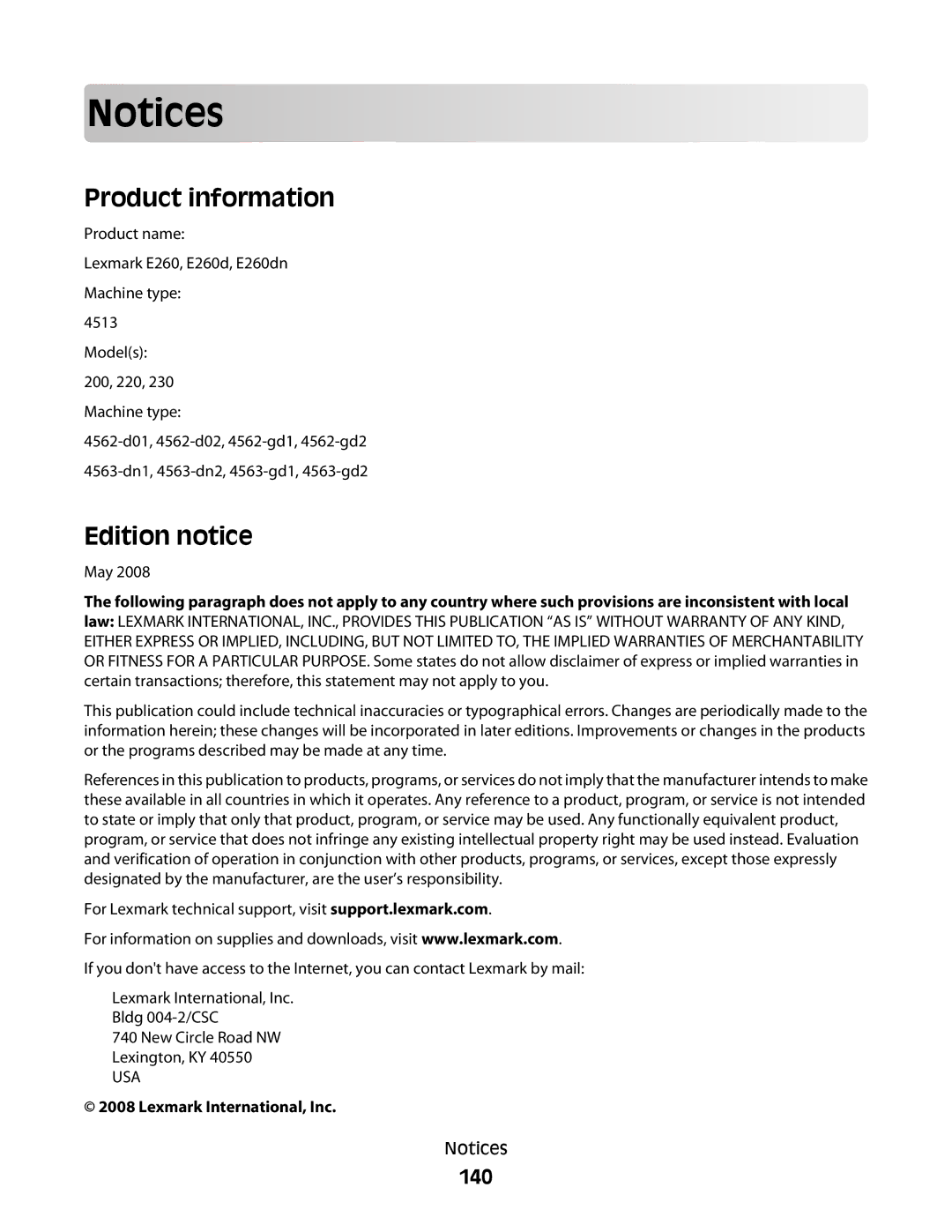 Minolta E260 manual Product information, Edition notice, 140 