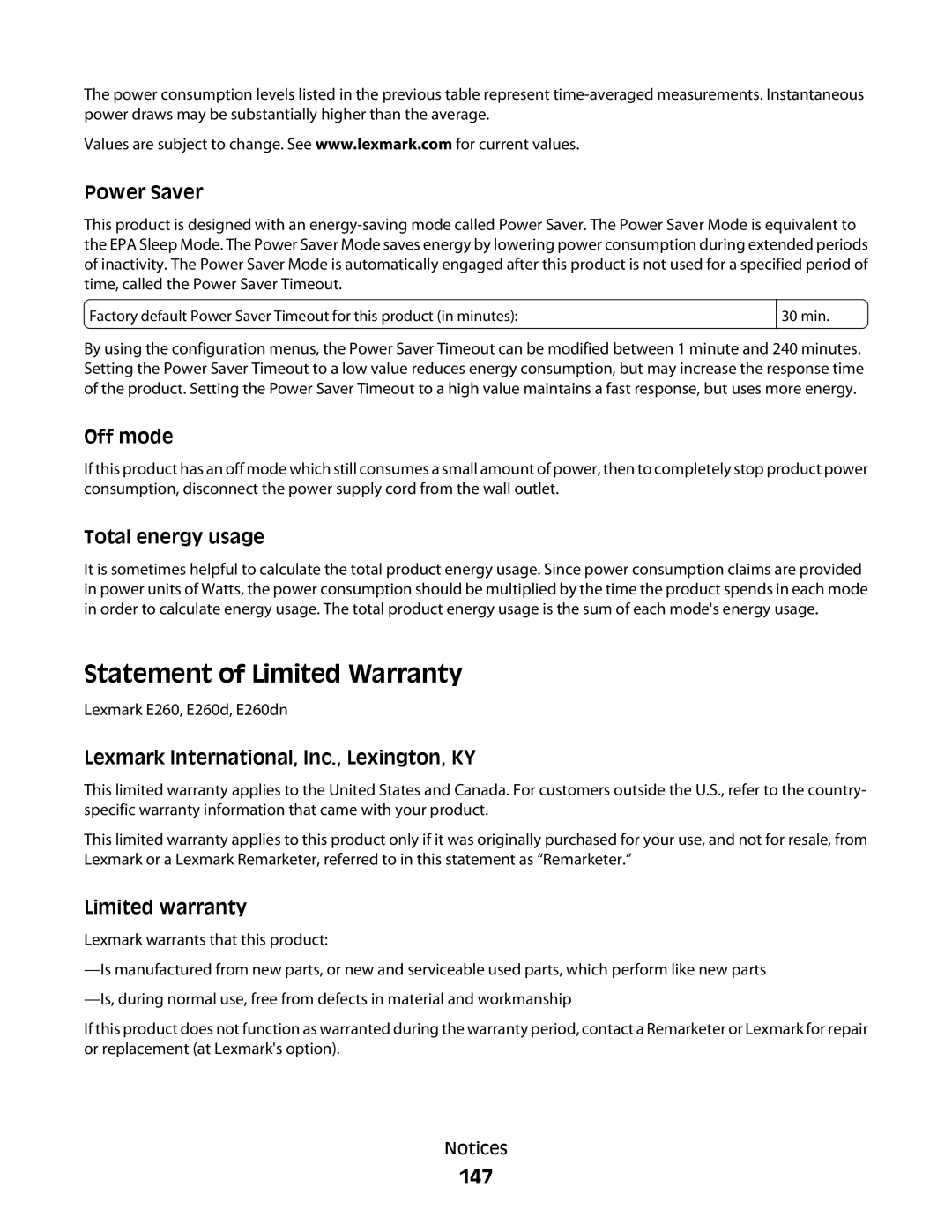 Minolta E260 manual Statement of Limited Warranty, 147 