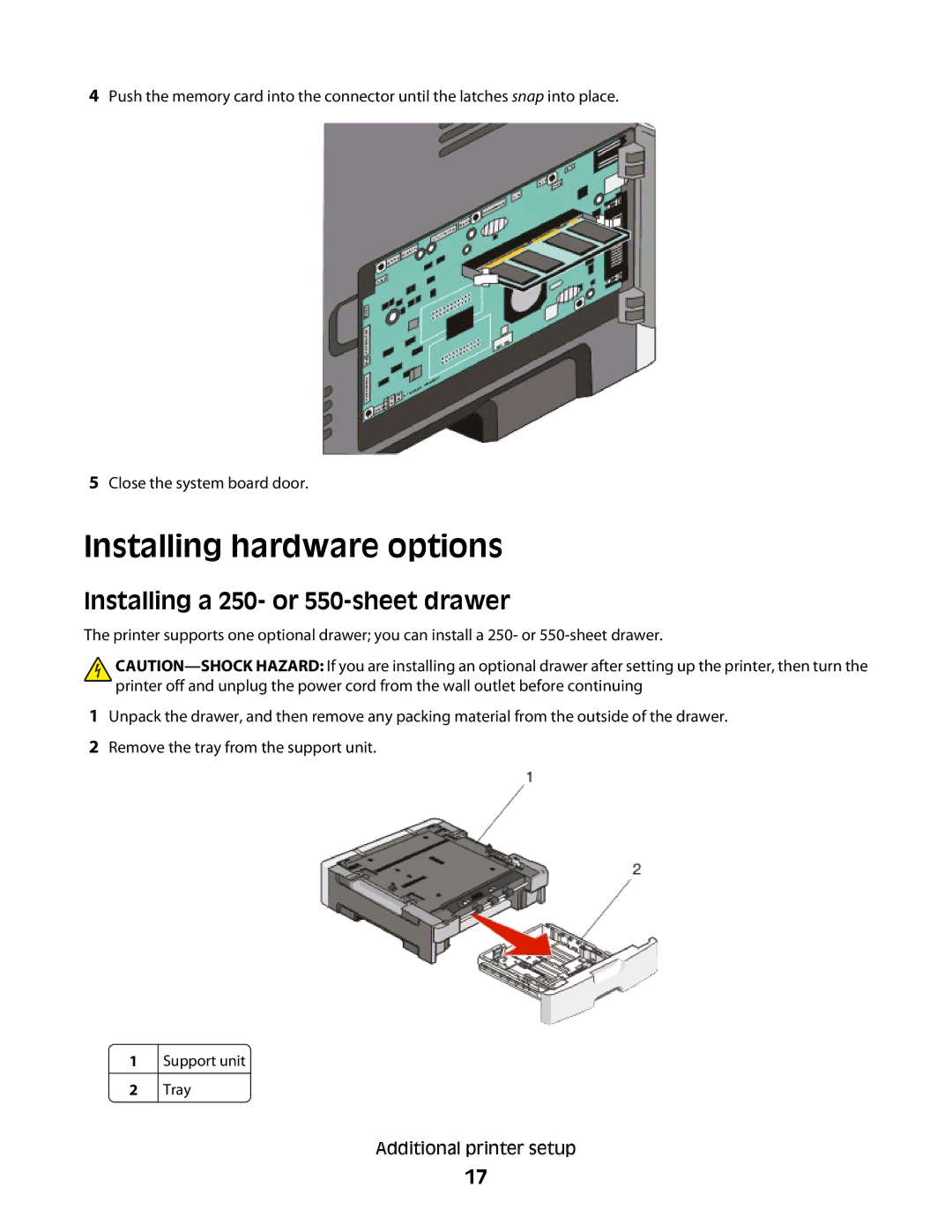 Minolta E260 manual Installing hardware options, Installing a 250- or 550-sheet drawer 