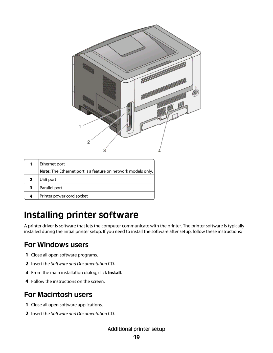 Minolta E260 manual Installing printer software, For Windows users, For Macintosh users 