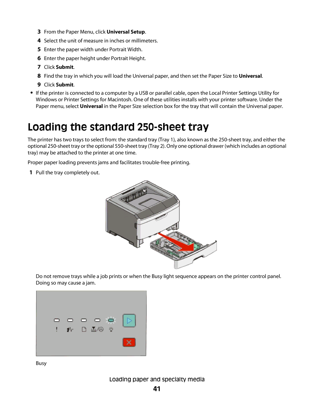 Minolta E260 manual Loading the standard 250-sheet tray 