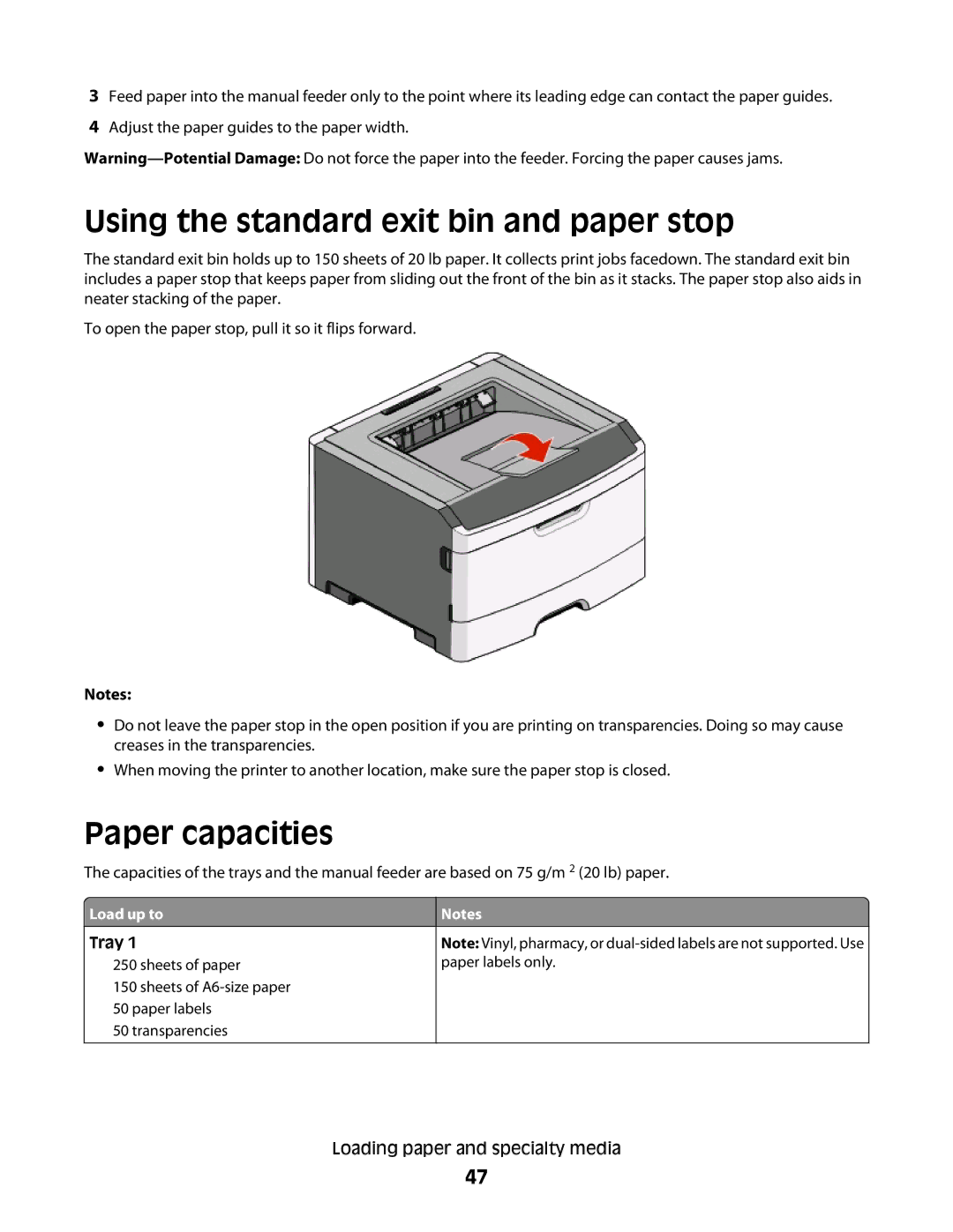 Minolta E260 manual Using the standard exit bin and paper stop, Paper capacities, Load up to 