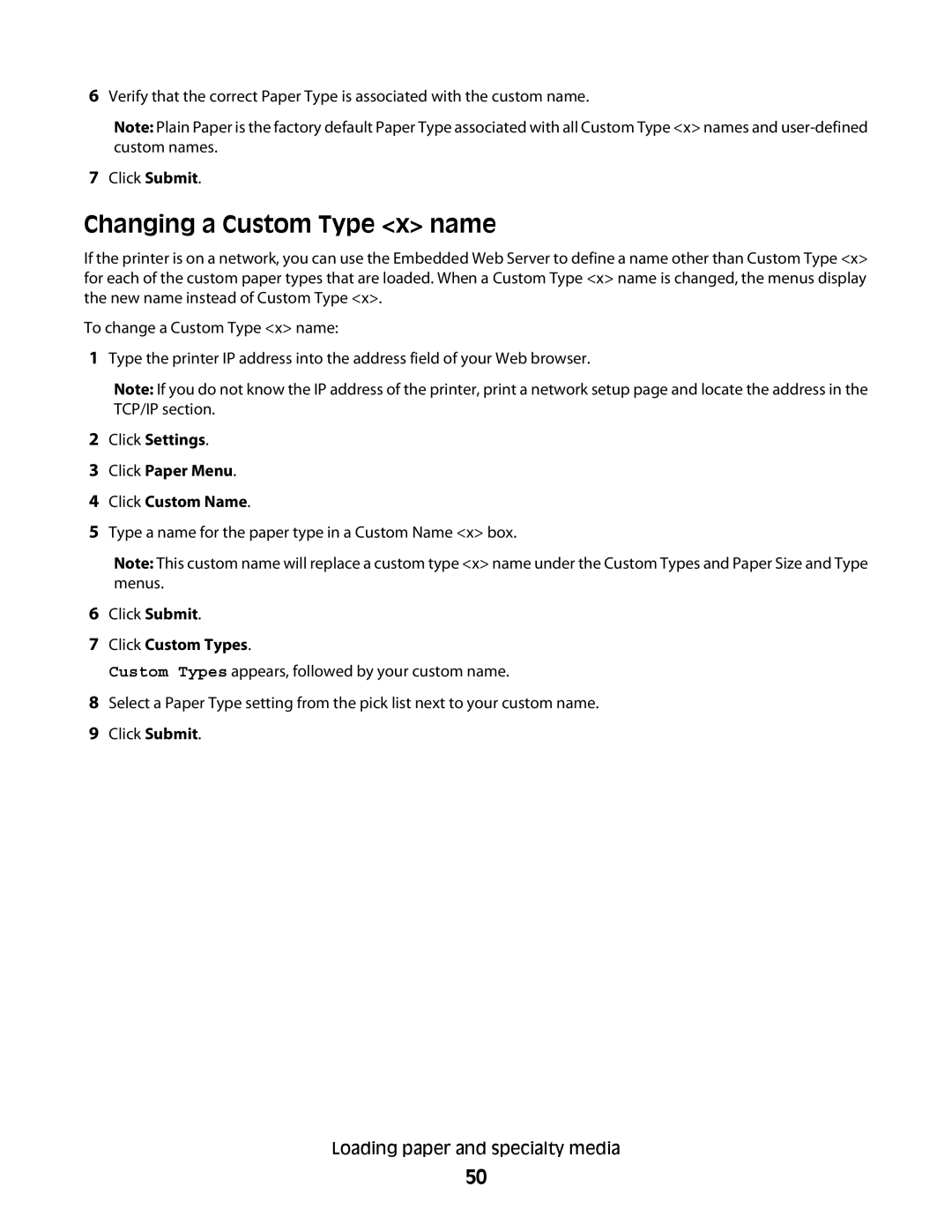 Minolta E260 manual Changing a Custom Type x name, Click Custom Types 