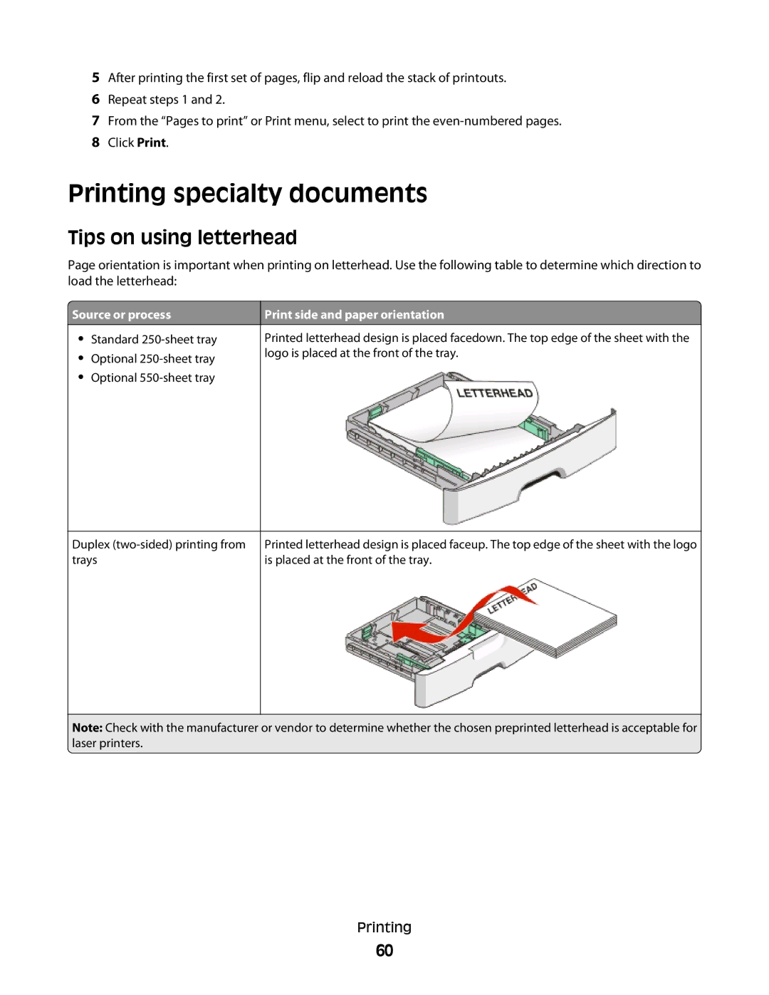 Minolta E260 Printing specialty documents, Tips on using letterhead, Source or process, Print side and paper orientation 