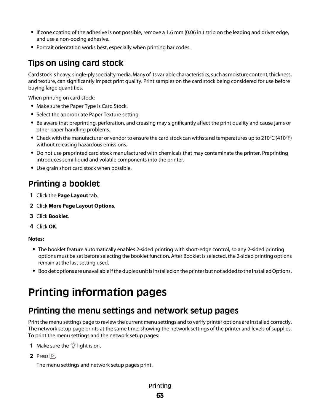 Minolta E260 manual Printing information pages, Tips on using card stock, Printing a booklet 